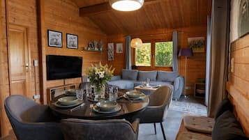 TV, DVD player, video library, stereo