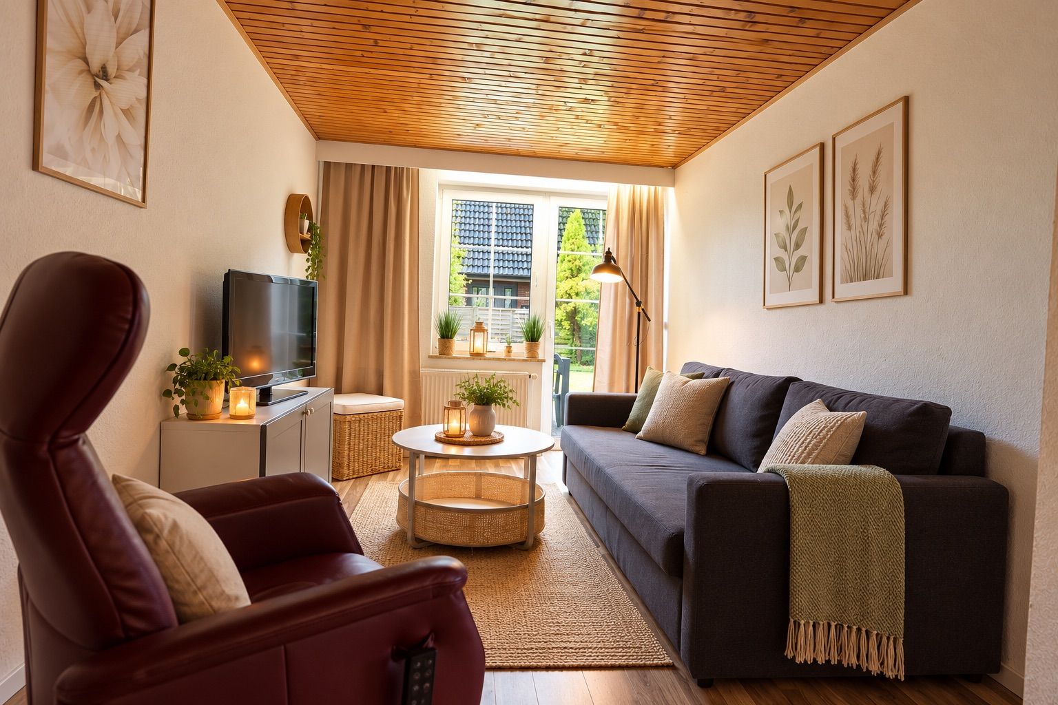 Una sala moderna con sofá, sillón, televisión y vistas al exterior.