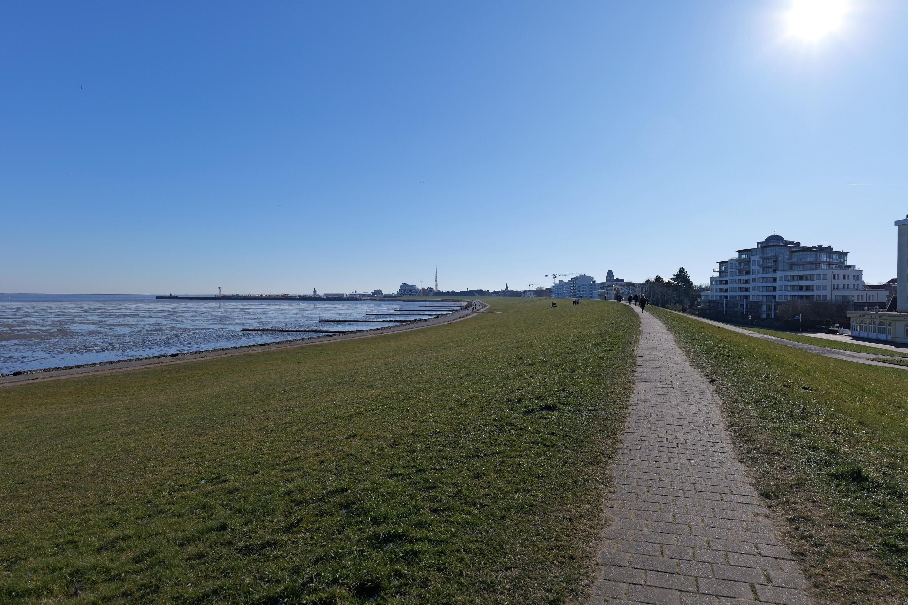 A coastal walkway with a paved path, grassy areas, and buildings in the background.