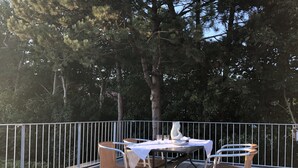 An outdoor dining area with a table and chairs, surrounded by a metal railing and a view of trees.