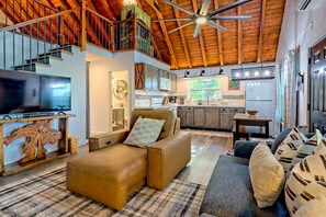 Smart TV, fireplace, books
