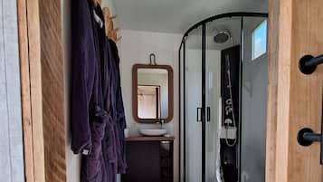 Shower, eco-friendly toiletries, hair dryer, towels