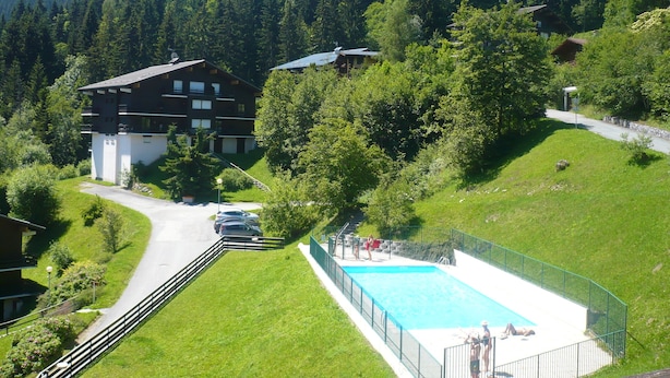 Un chalet de montagne doté d’une piscine, entouré d’une végétation luxuriante et bordé par une forêt.