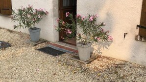 A building with a white stucco exterior, a wooden door, and two potted plants with pink flowers on the ground. - Charming house for 4 people in Tour-en-Sologne, with air conditioning (Tour-en-Sologne)