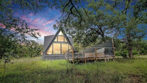A modern A-frame cabin with large windows, a deck, and surrounded by tall grass and trees. - Large A-Frame in Nature - minutes from Main (Fredericksburg)