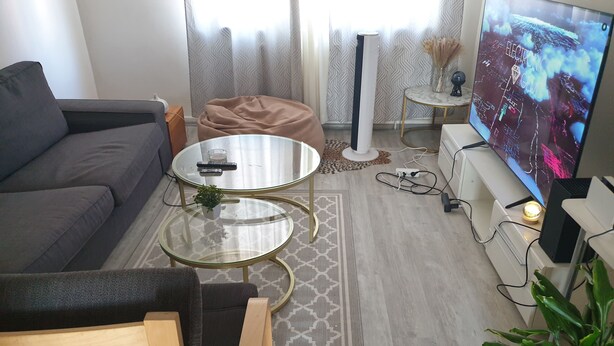 Una sala de estar moderna con un sofá, una mesa de centro de vidrio, un televisor y una pequeña mesita con una planta.
