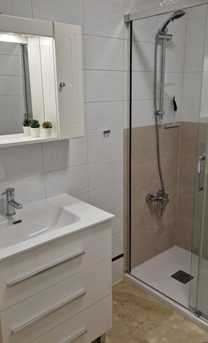 Chuveiro, secador de cabelo, toalhas de banho 