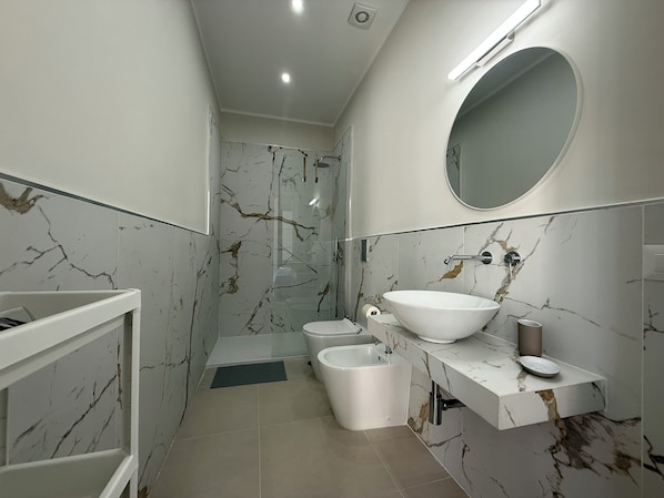 Shower, hair dryer, towels