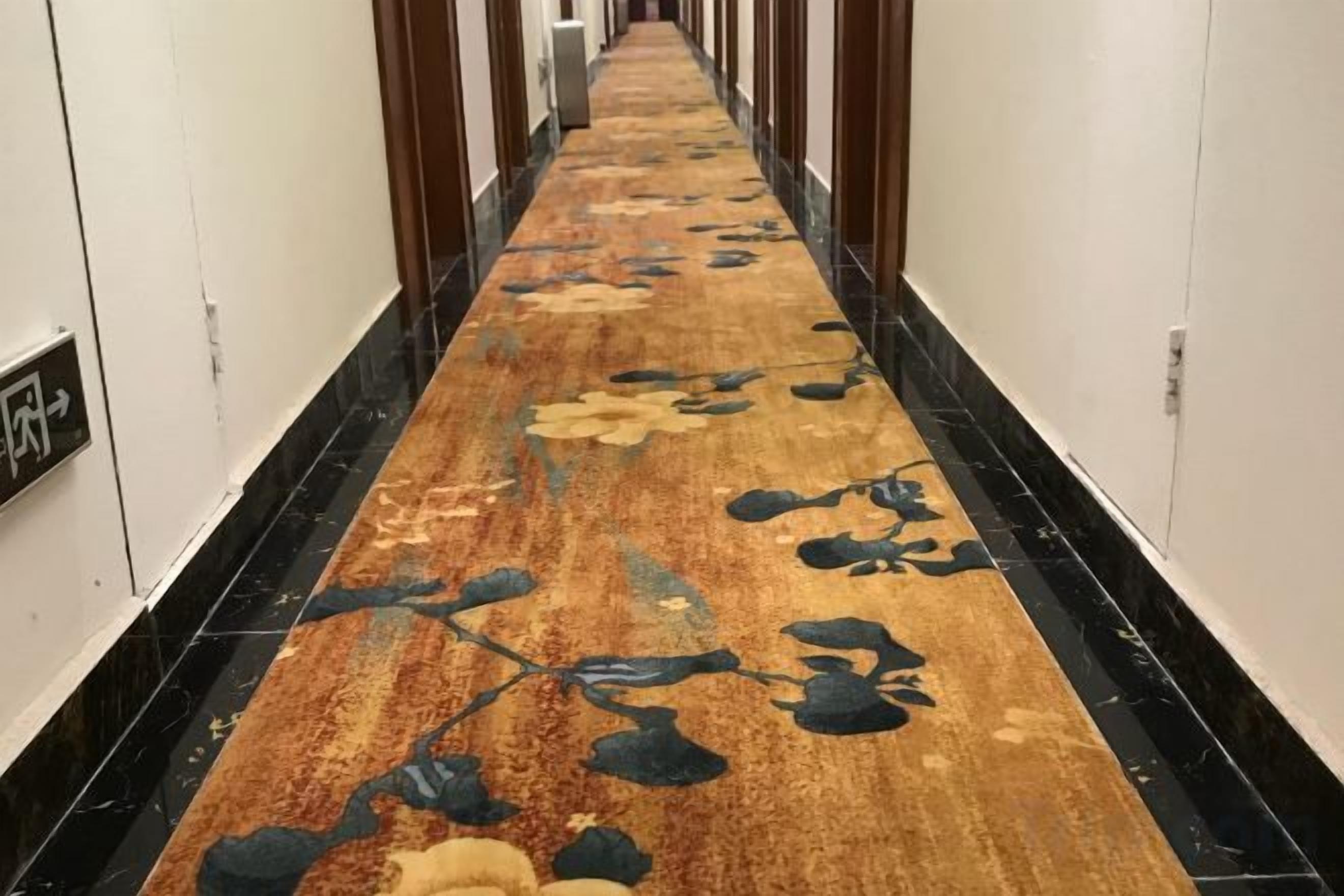Un couloir d’hôtel avec un tapis à motifs, un sol en marbre noir et des murs blancs.