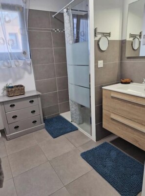 Shower, hair dryer, towels