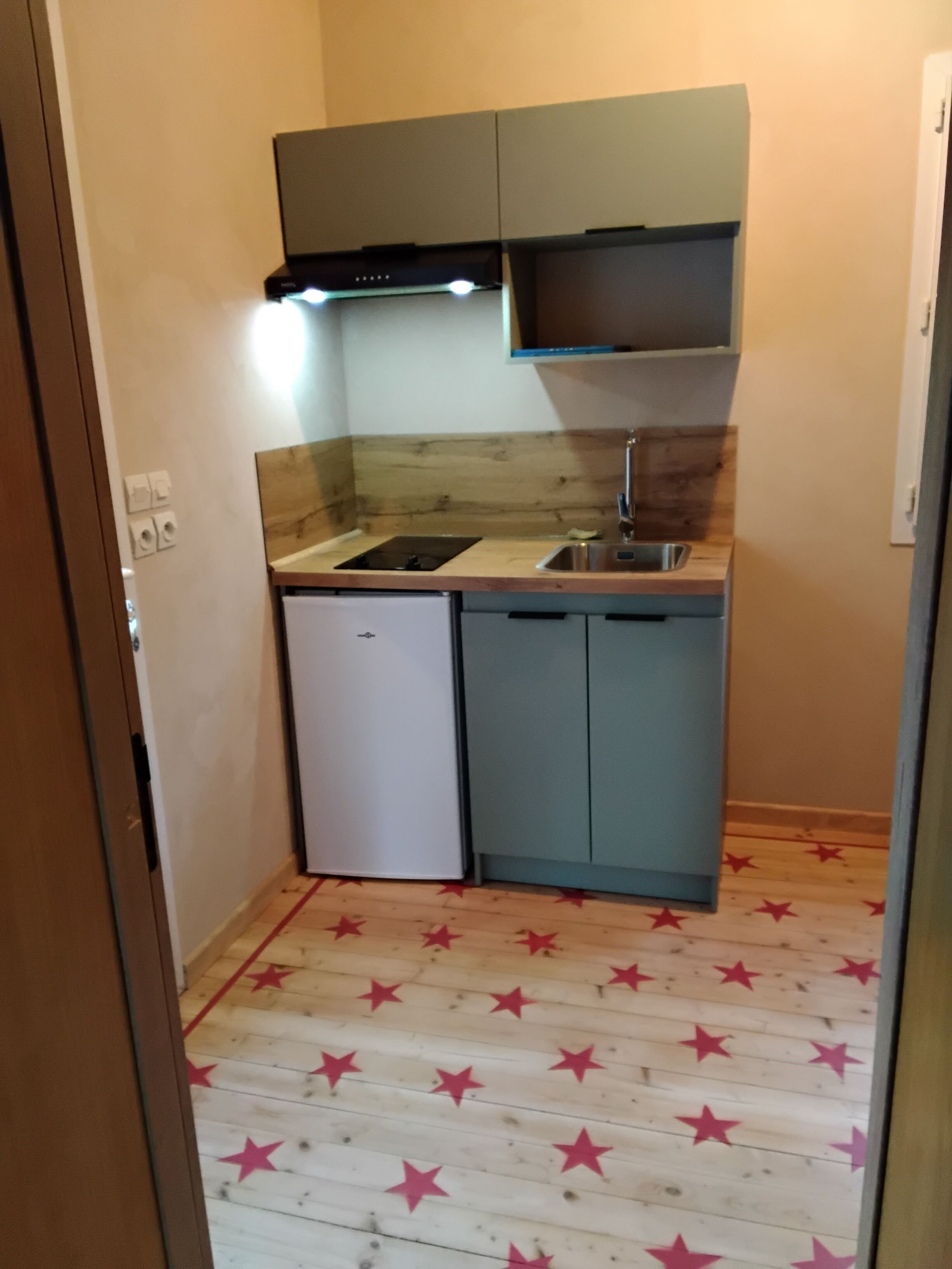 Fridge, microwave, stovetop, coffee/tea maker