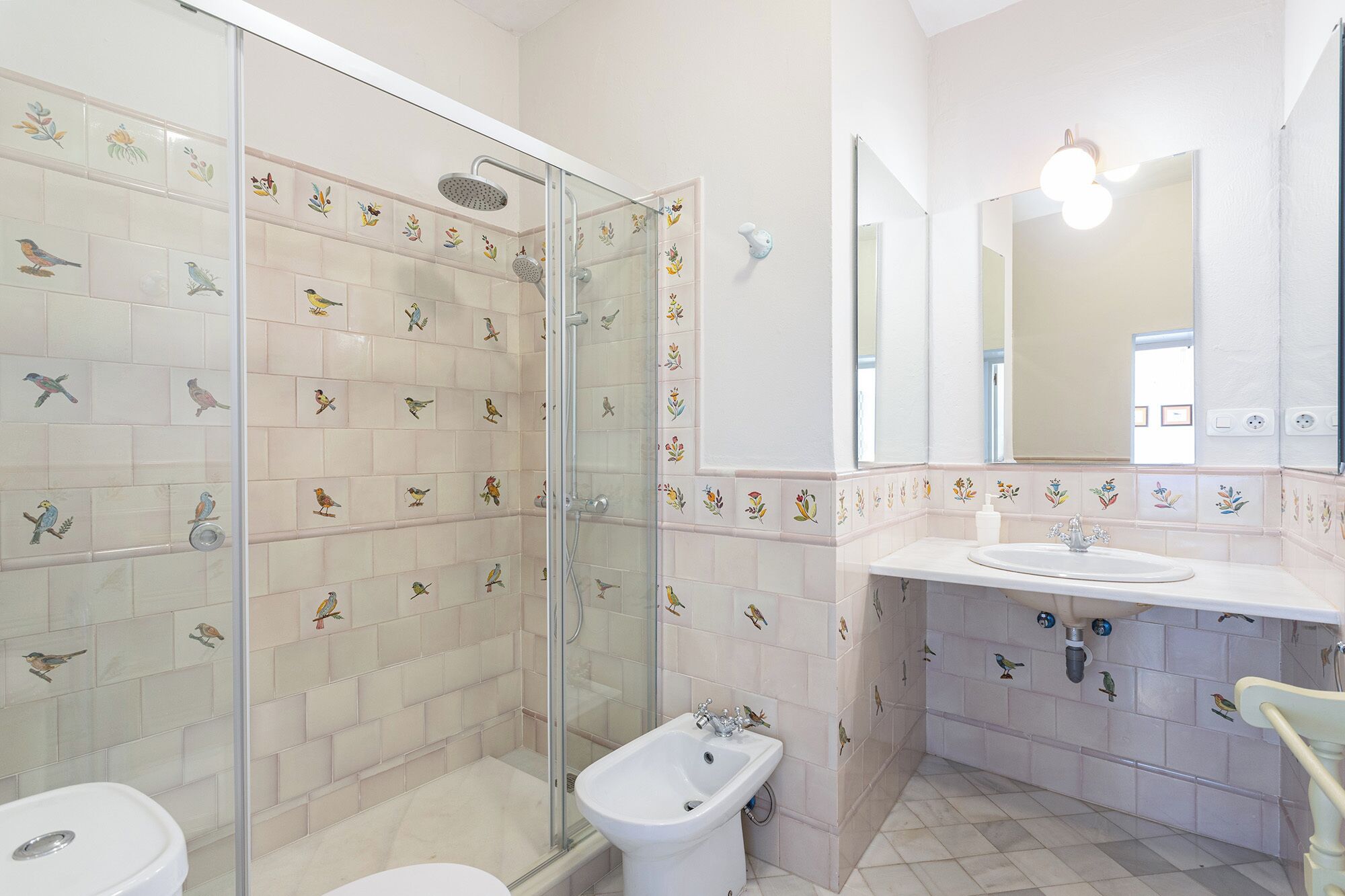 A bathroom with a glass shower enclosure, a bidet, a sink with a mirror, and bird-themed tiles.