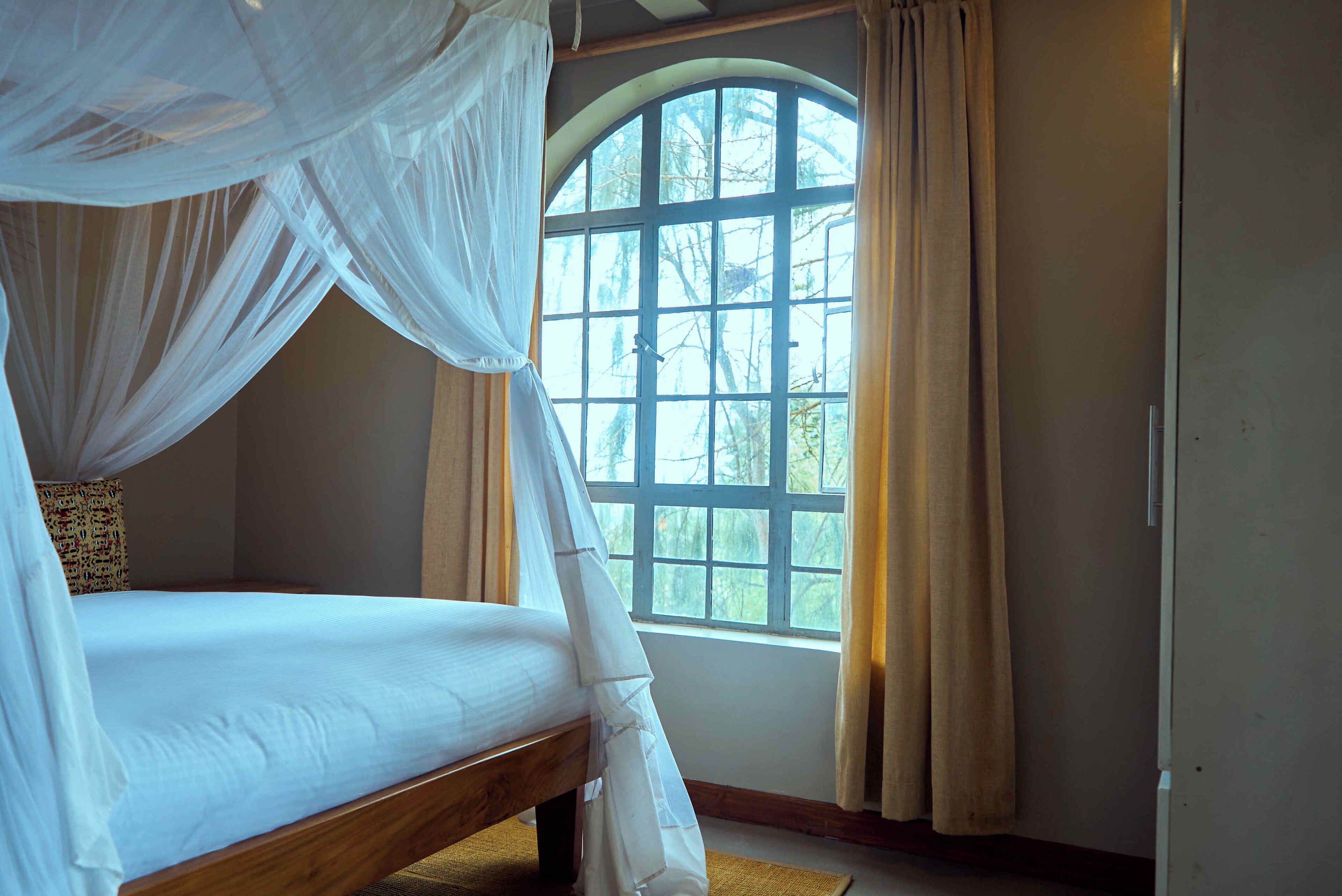 A bedroom with a canopy bed, a large window with curtains, and a view of trees outside.