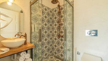 Un bagno con doccia vetrata, lavabo con piano in legno e water.