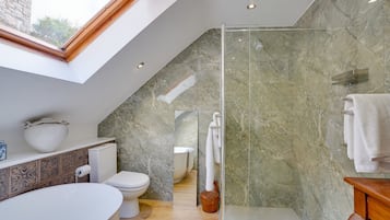 Shower, hair dryer, towels, toilet paper