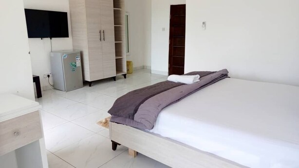 A bedroom with a bed, a wardrobe, a television, and a small refrigerator. - COMPANERO RESORT (Bureh Town)