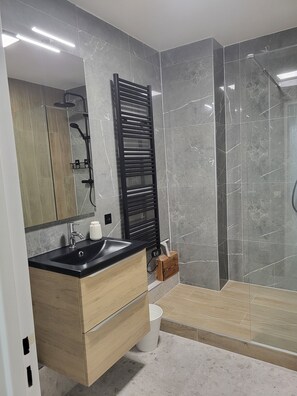 Douche, séchoir à cheveux, serviettes fournies, savon