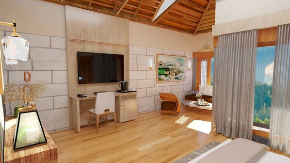Una habitación moderna con televisión de pantalla plana, escritorio, silla, cama y un cuadro en la pared.