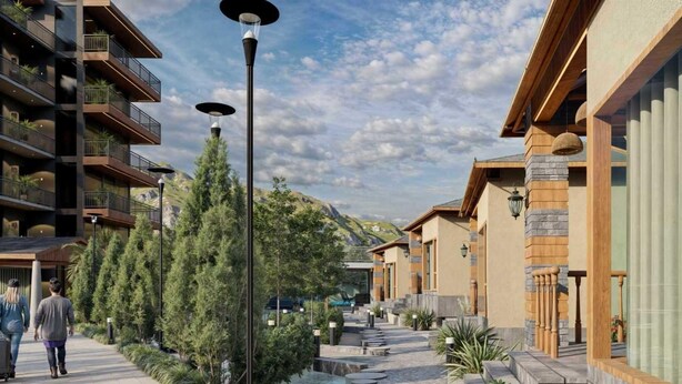 A modern hotel with a pool area, outdoor lighting, and a mountainous backdrop. - Sunday Hotel Dharamshala (Dharamshala)