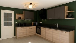 Une cuisine moderne avec des murs vert foncé, des meubles en bois clair, un plan de travail noir et un luminaire au plafond original.