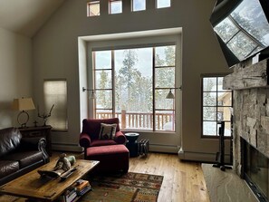 Smart-tv, eldstad och böcker