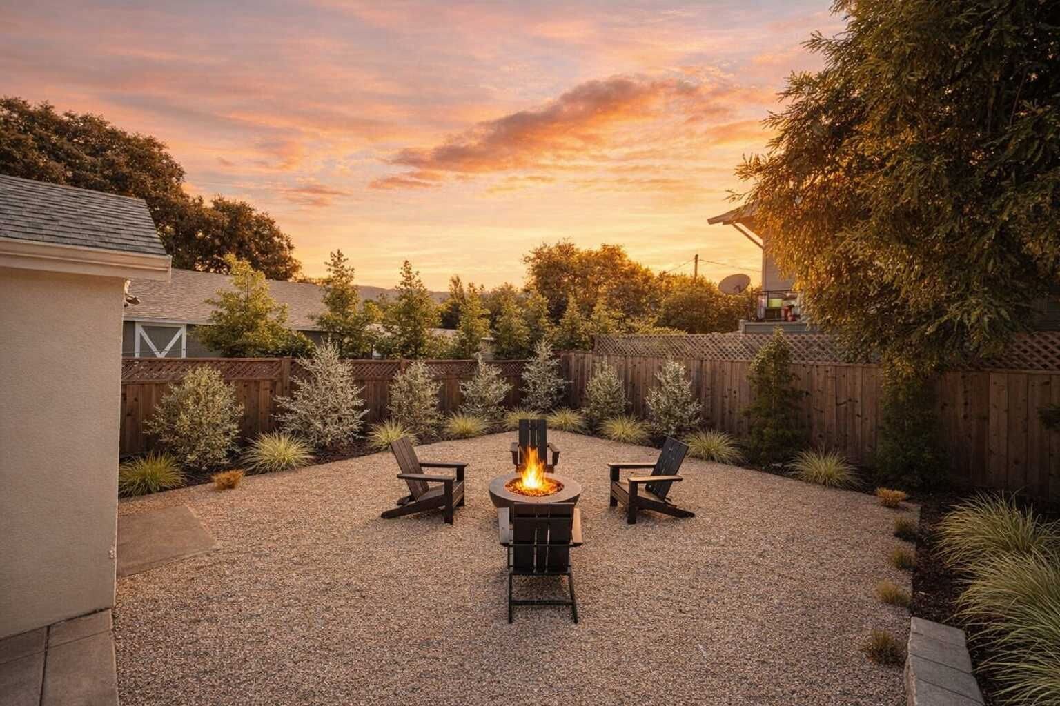 A backyard with a fire pit, two chairs, and a wooden fence.