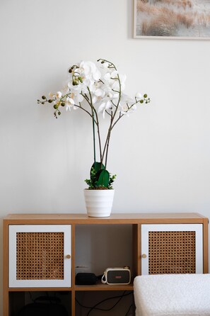 A potted white orchid on a wooden cabinet with a woven basket and a small radio.