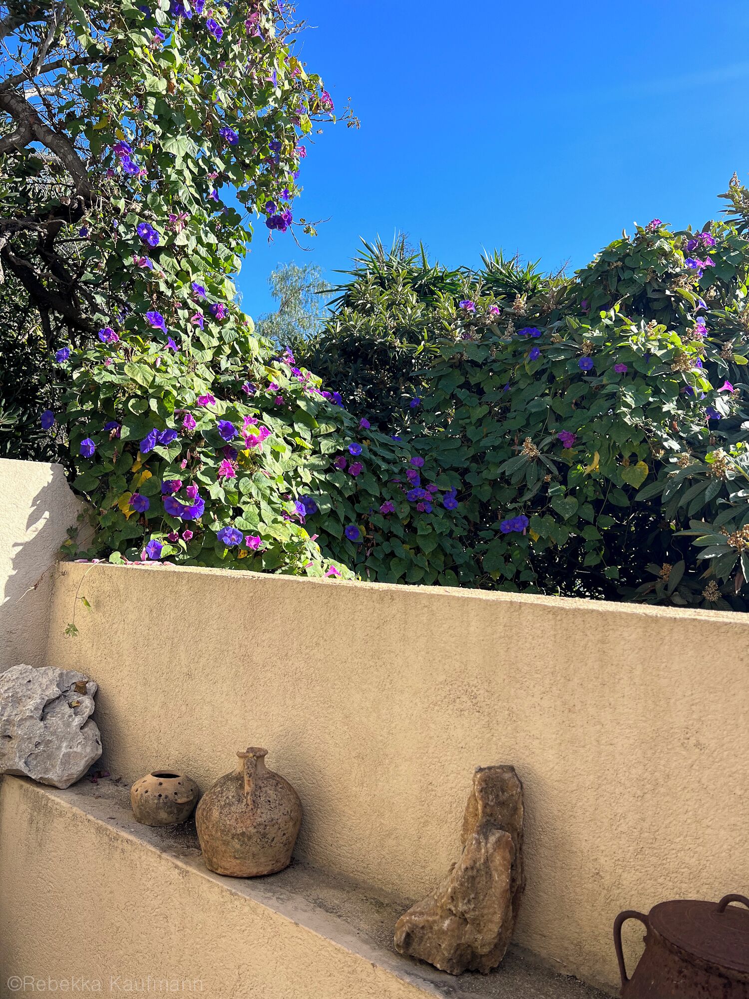 A garden with a wall, a stone pot, and a metal pot.