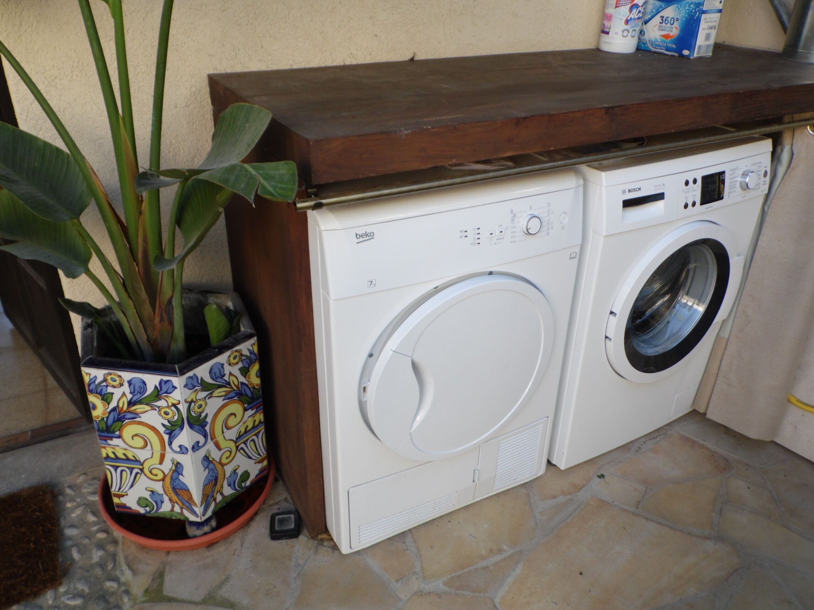 A washing machine and dryer in a laundry room with a wooden countertop and a potted plant.