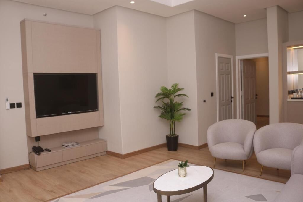A modern living room with a flat-screen TV, a potted plant, two armchairs, and a small coffee table.