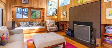 TV, fireplace, books