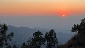 Un coucher de soleil sur un paysage montagneux, avec des pins au premier plan.