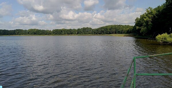 A calm lake with a green metal railing in the foreground. - Single-storey Homes by the Lake, Jelen (Borne Sulinowo)