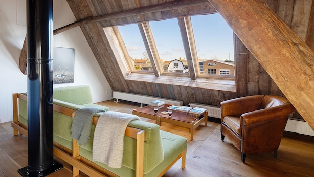 Une pièce de style loft avec un plafond en pente, un canapé vert, un fauteuil en cuir, une table basse en bois et un radiateur noir.