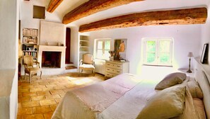 Cozy retreat with a fireplace, comfortable bed, and reading nook.