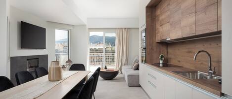 Classic Apartment, Balcony, City View | Living room | Smart TV, fireplace, Netflix, books