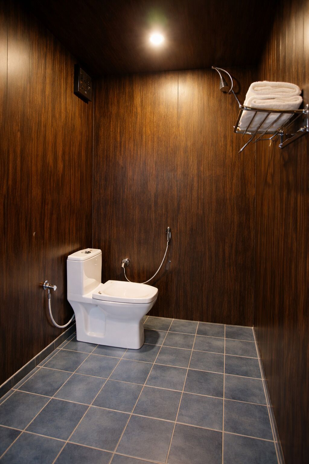 A bathroom with a wooden wall, a white toilet, a towel rack, and a shower head.