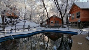 A wooden cabin with a small swimming pool surrounded by snow-covered trees.