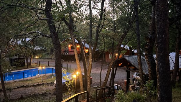 A pool area with a blue pool, surrounded by trees and a wooden deck.