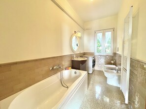 Hair dryer, bidet, towels, soap