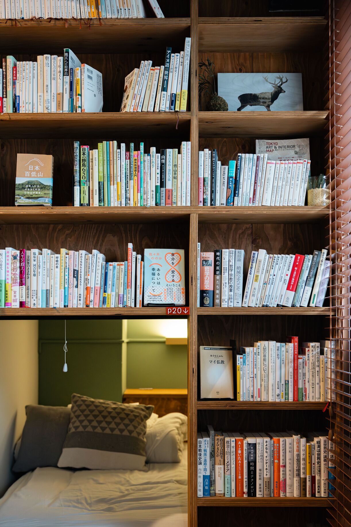 Una habitación con una amplia estantería llena de libros, una cama con almohadas y un mapa en la pared.