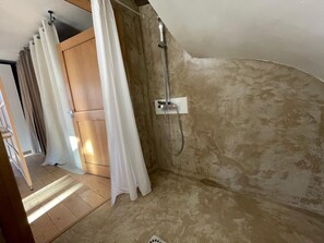 A shower area with a wall-mounted showerhead, a wooden door, and a curtain. - Design villa with glass roof and parquet flooring, garden and fitness center near downtown (Montpellier)