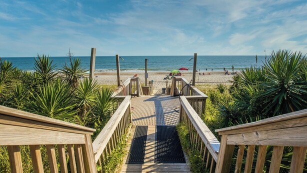 Una escalera de madera que lleva a una playa con palmeras y cielo despejado.
