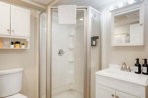 Shower, towels, soap, shampoo