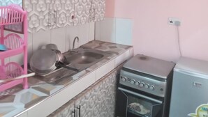 Una cocina compacta con un lavamanos, estufa y microondas.