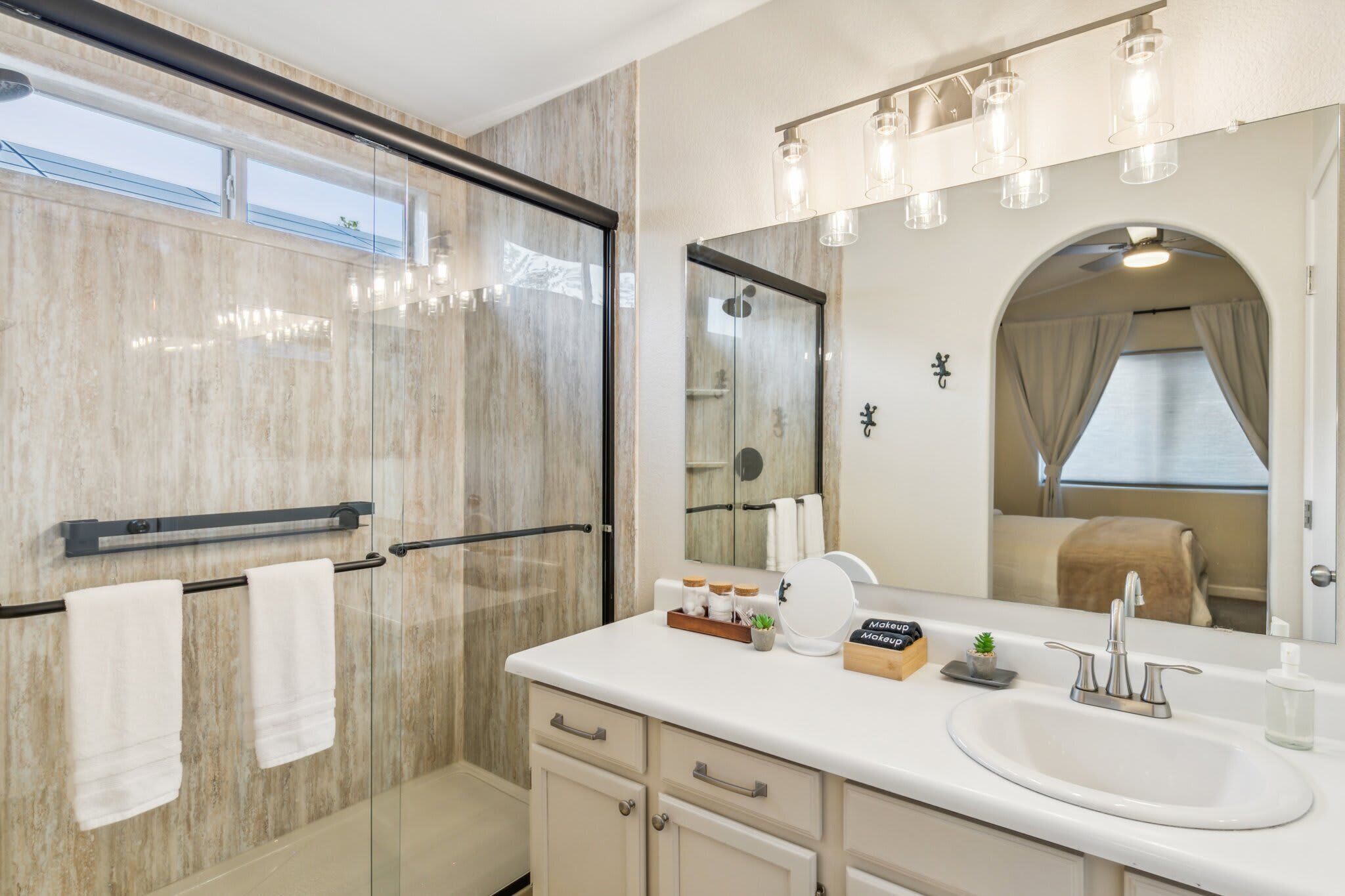 Shower, hair dryer, shampoo