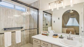 Shower, hair dryer, shampoo