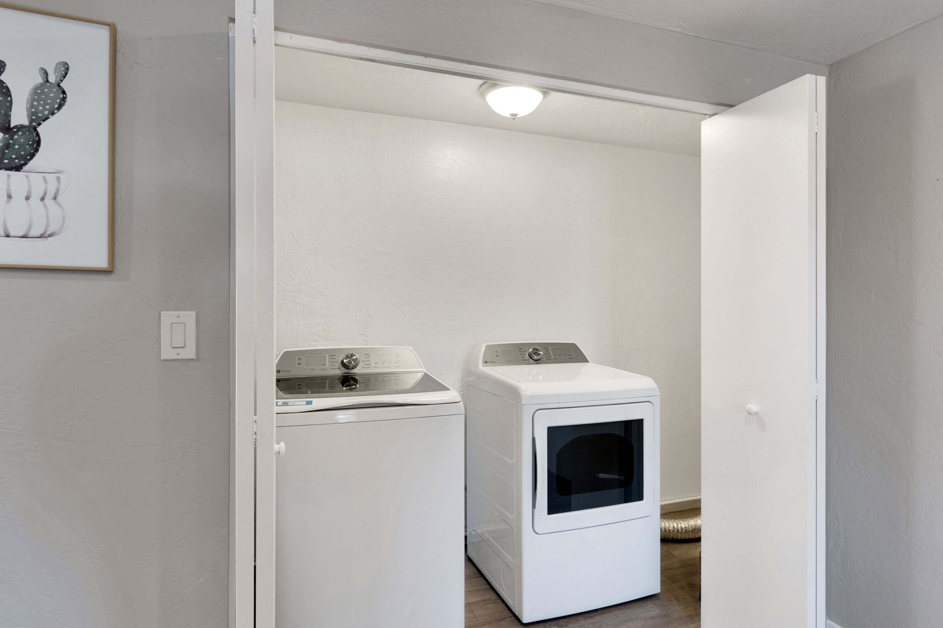 A laundry room with a front-loading washer and dryer, a ceiling light, and a framed cactus artwork on the wall.