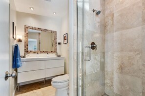 Shower, hair dryer, shampoo