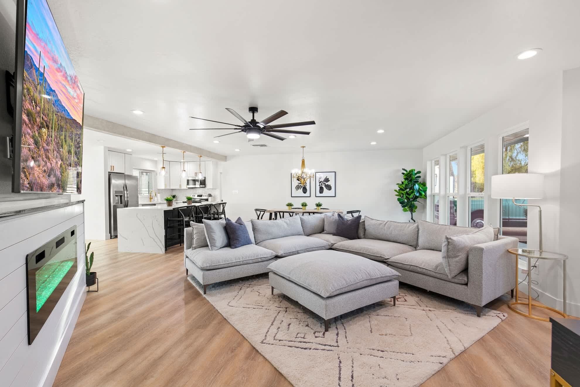 Télévision, cheminée, espaces bureaux